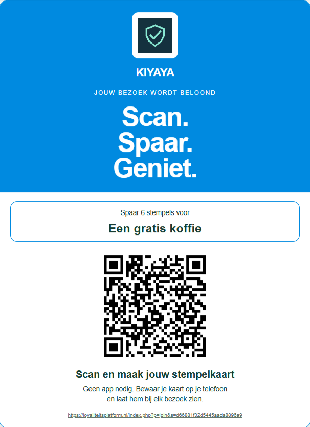 Voorbeeld van een balieposter: spaar zes stempels voor een gratis koffie bij KIYAYA